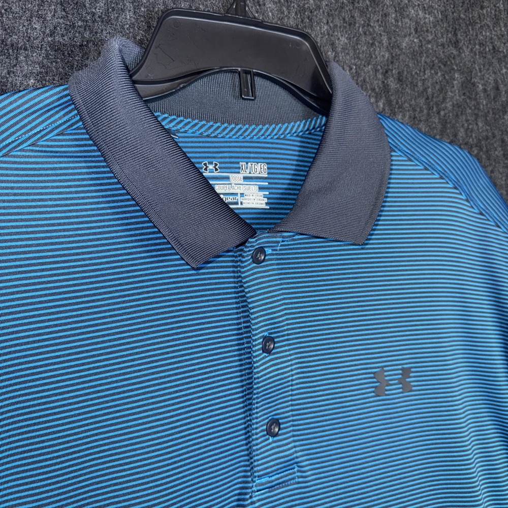 Under Armour HeatGear Men's Polo XL Black Blue Striped Loose Fit Golf Shirt‎